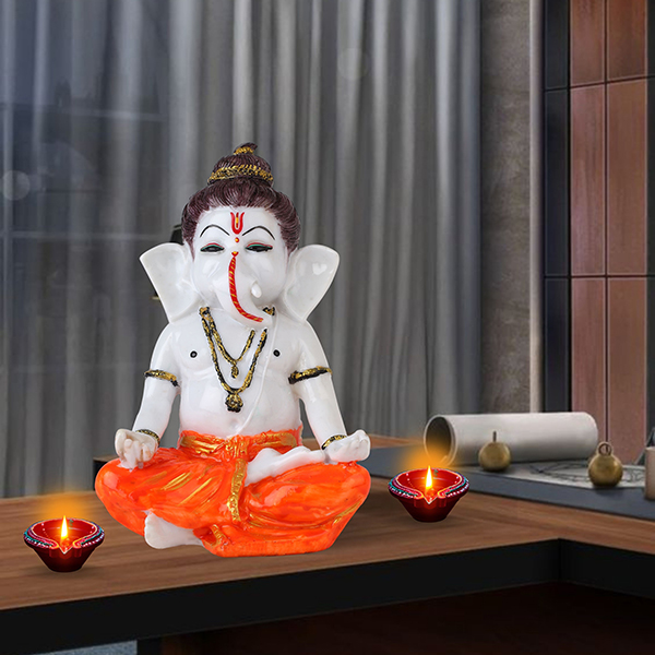 Meditating Ganesha Idol Showpiece for Home Decor (Orange) Marble – 8 Inch