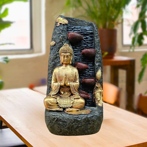 Buddha Water Fountain Showpiece for Home Decor (Black & Golden) Polyresin – 26 Inch