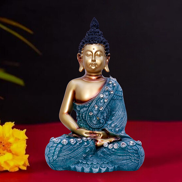Blue & Gold Meditating Buddha Statue – Spiritual Resin Sculpture for Home, Office & Yoga Spaces (L-22cm,B-12cm,H-34cm)