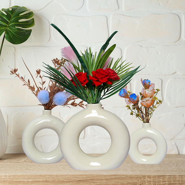 Donut-Shaped Flower Vases for Home Decor, Set of 3 (Cream) Polyresin – 8 Inch