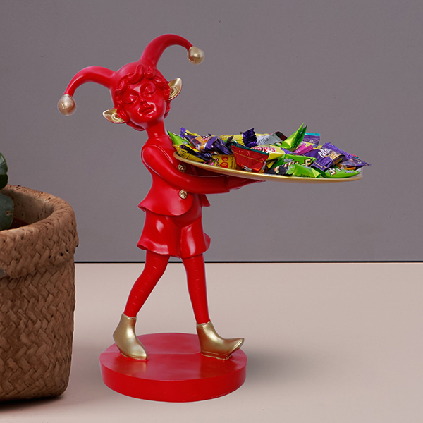 12-Inch Red Jester Figurine with Decorative Tray Stand