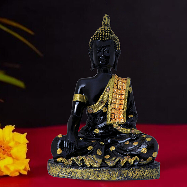 Hand Down Buddha Showpiece for Home Decor (Black & Golden) Polyresin – 10.5 Inch