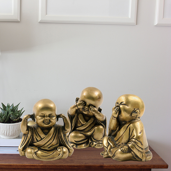 Baby Monk Buddha Idol Showpiece for Home Decor, Set of 3 (Golden) Polyresin – 5.5 Inch