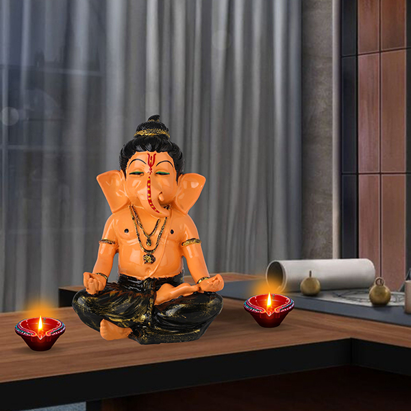Meditating Ganesha Idol Showpiece for Home Decor (Cream & Black) Polyresin – 8 Inch