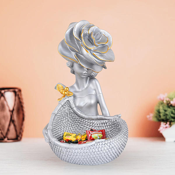 Elegant Silver Lady Statue with Basket – 11” High
