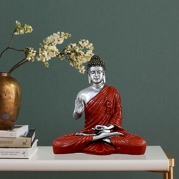 Meditation Big Buddha Showpiece for Home Decor (Red & Silver) Polyresin – 15 Inch