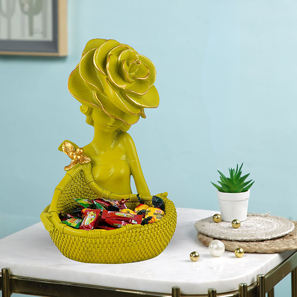Chic Green Lady Basket Statue – 11” Resin Home Decor