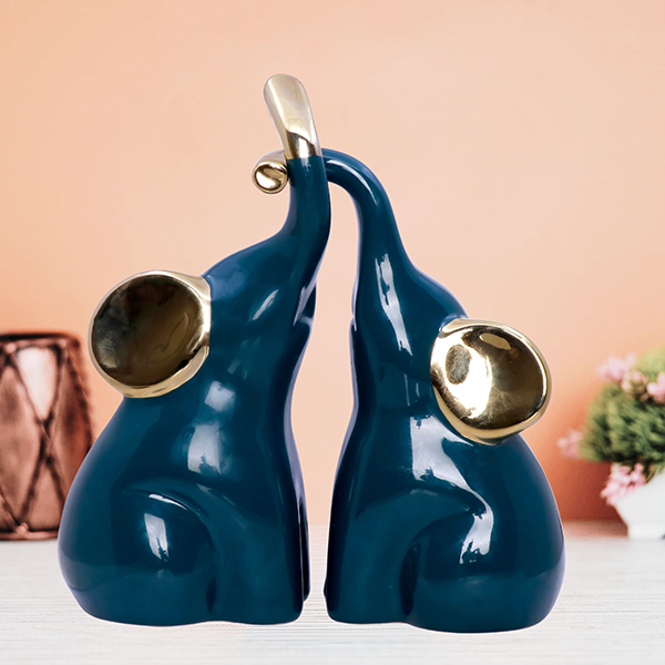 Teal Elephant Figurines – Set of 2 with Golden Ears  (H-21.5 & 15 cm)