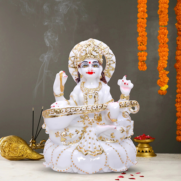 Divine Marble Saraswati Idol – 8 Inch Showpiece for Study Room, Home & Office