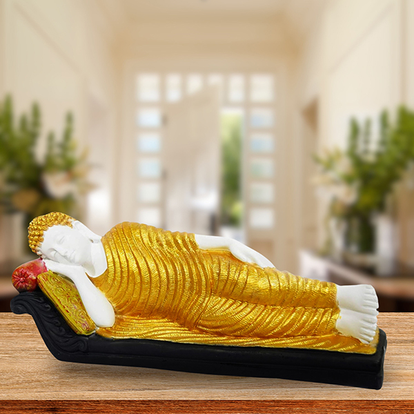 Sleeping Buddha Idol Showpiece for Home Decor (Golden & White) Marble – 7.5 Inch