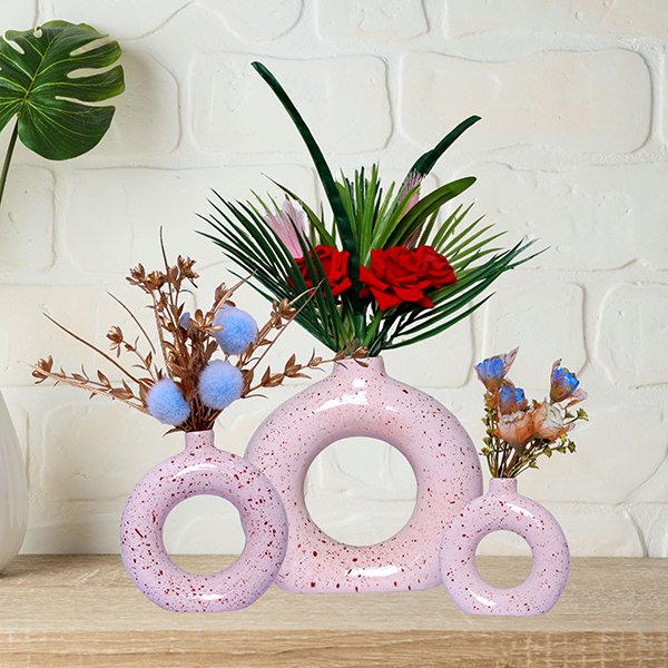 Donut-Shaped Flower Vases for Home Decor, Set of 3 (Light Pink) Polyresin ? 8 Inch