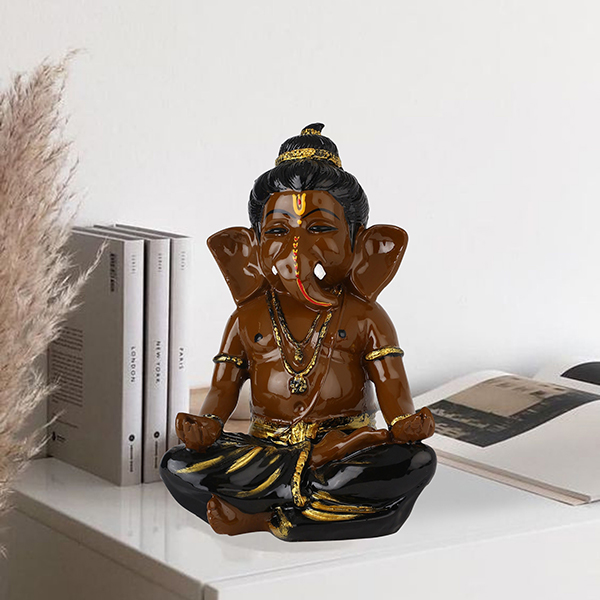 Meditating Ganesha Idol Showpiece for Home Decor (Brown & Black) Polyresin – 8 Inch
