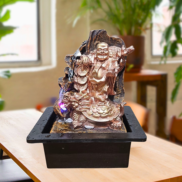 Laughing Buddha Water Fountain Showpiece for Home Decor (Golden & Black) Polyresin – 10 Inch
