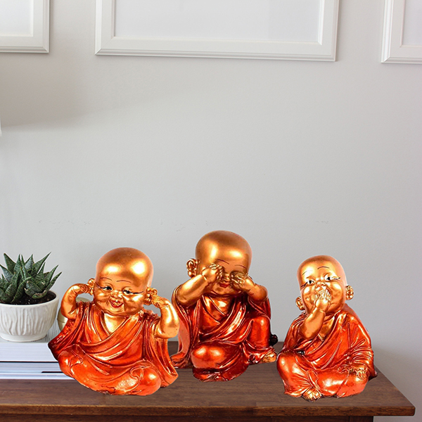 Baby Monk Buddha Idol Showpiece for Home Decor, Set of 3 (Red & Golden) Polyresin – 5.5 Inch
