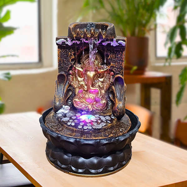 Lord Ganesha Water Fountain Showpiece for Home Decor (Golden & Black) Polyresin – 10 Inch