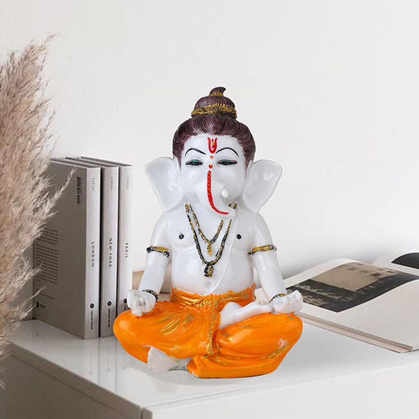 Meditating Ganesha Idol Showpiece for Home Decor (Orange) Marble – 8 Inch