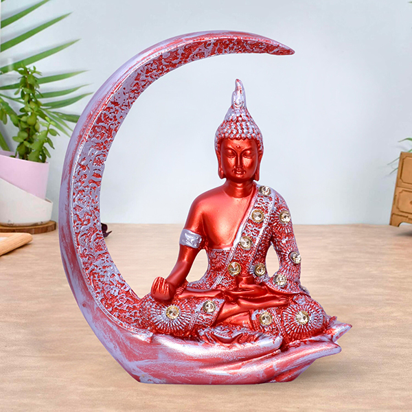 Chand Buddha Idol Showpiece for Home Decor (Red & Silver) Polyresin – 8 Inch