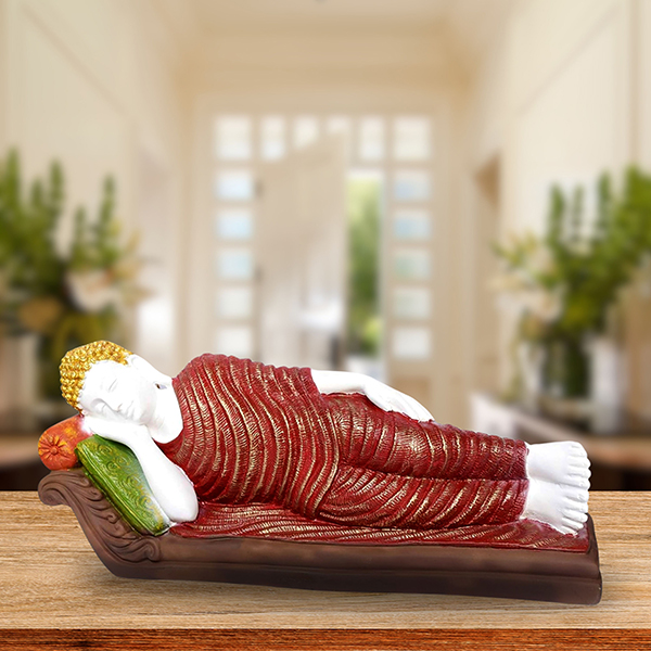 Sleeping Buddha Idol Showpiece for Home Decor (Red & White) Marble – 7.5 Inch