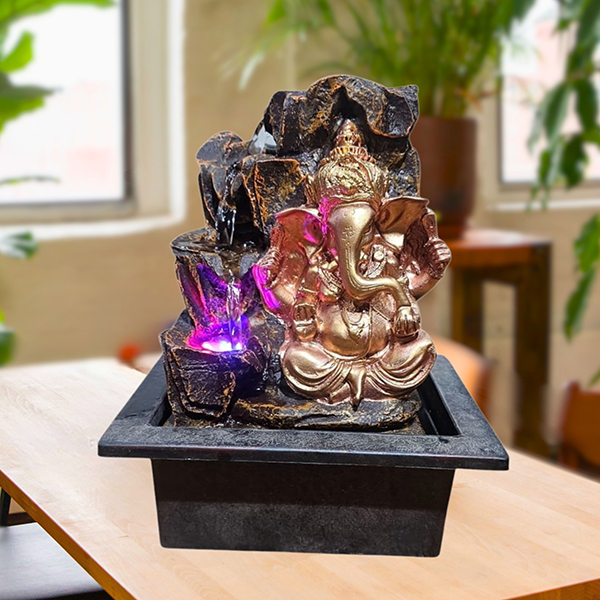 Lord Ganesha Water Fountain Showpiece for Home Decor (Golden & Black) Polyresin – 10 Inch