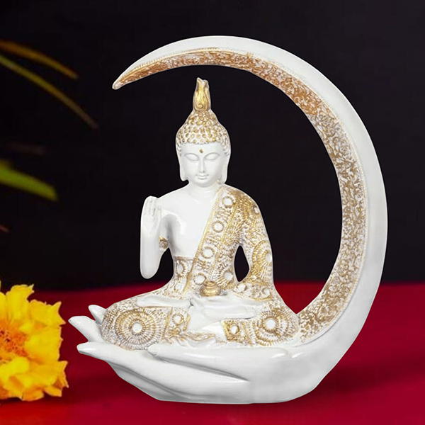 Chand Buddha Idol Showpiece for Home Decor (White & Golden) Polyresin – 10 Inch