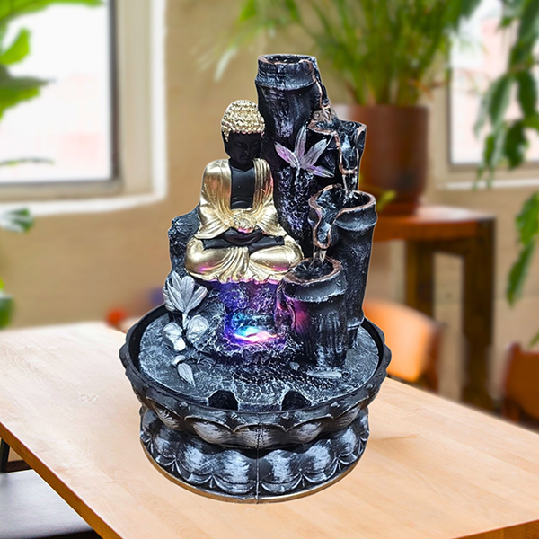Buddha Water Fountain Showpiece for Home Decor (Golden & Black) Polyresin – 10 Inch