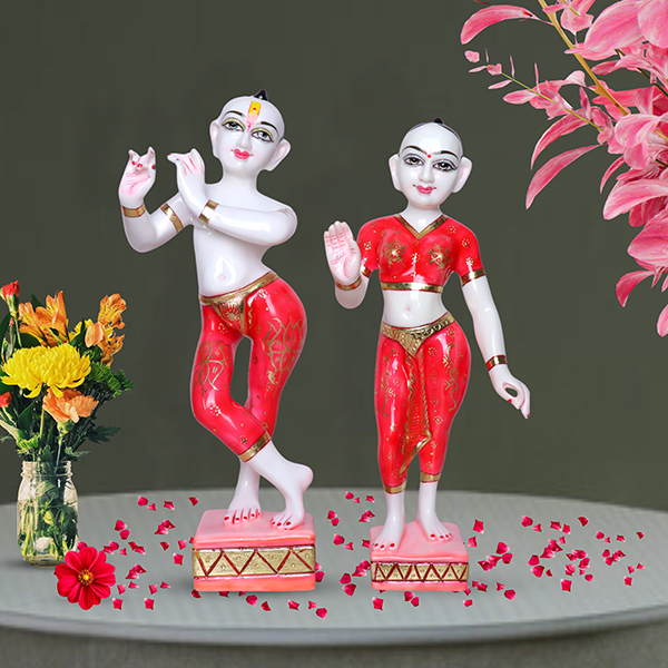 Jugal Jodi Radha & Krishna Idol Showpiece for Home Decor (Red) Golden Foil Work | Marble – 18 Inch