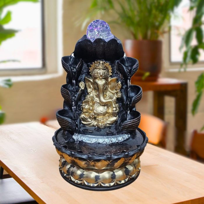 Lord Ganesh Water Fountain Showpiece for Home Decor (Black & Golden) Polyresin – 12 Inch