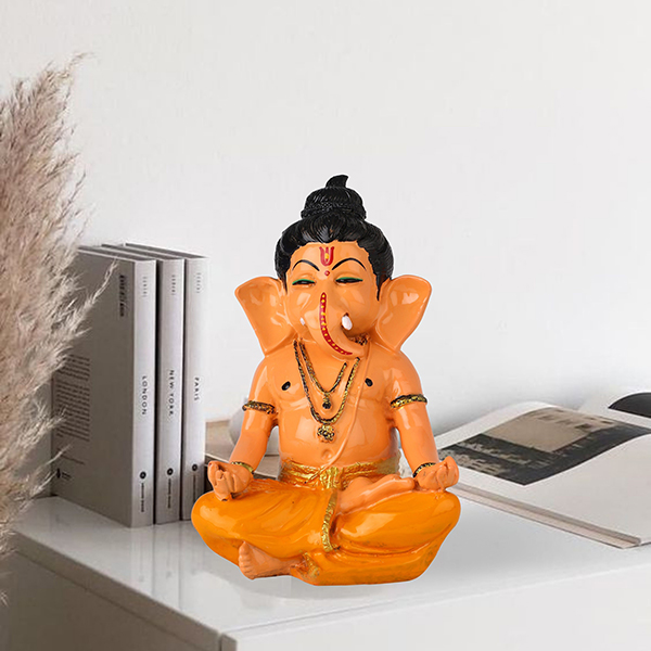 Meditating Ganesha Idol Showpiece for Home Decor (Cream & Orange) Marble – 8 Inch