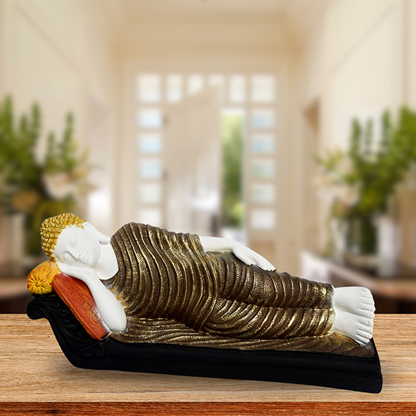 Sleeping Buddha Idol Showpiece for Home Decor (Brown & White) Marble – 7.5 Inch