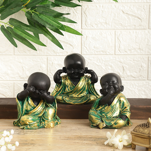 Baby Monk Buddha Idol Showpiece for Home Decor, Set of 3 (Multicolor) Polyresin – 5.5 Inch