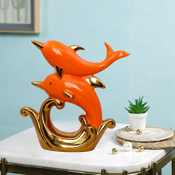 Glossy Orange Dolphin Pair Figurine – 21 cm Decor