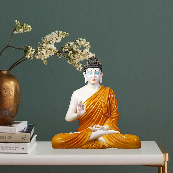 Meditation Big Buddha Showpiece for Home Decor (Orange & White) Marble – 15 Inch