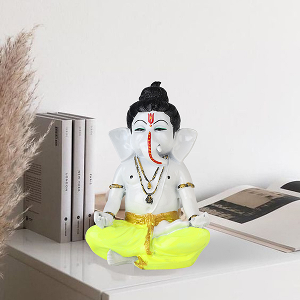 Meditating Ganesha Idol Showpiece for Home Decor (Neon Yellow) Marble – 8 Inch