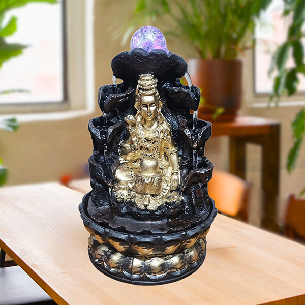 Lord Shiva Water Fountain Showpiece for Home Decor (Black & Golden) Polyresin – 12 Inch