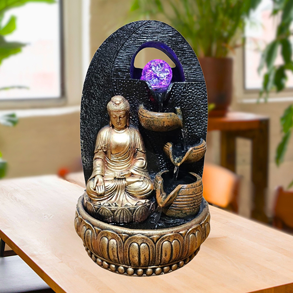 Lord Buddha Water Fountain Showpiece for Home Decor (Black & Golden) Polyresin – 15 Inch