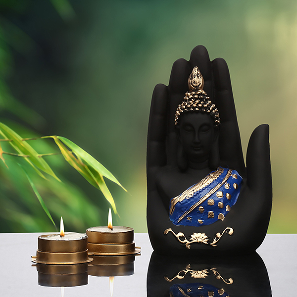 Palm Buddha Showpiece for Home Decor (Blue & Black) Polyresin – 7 Inch