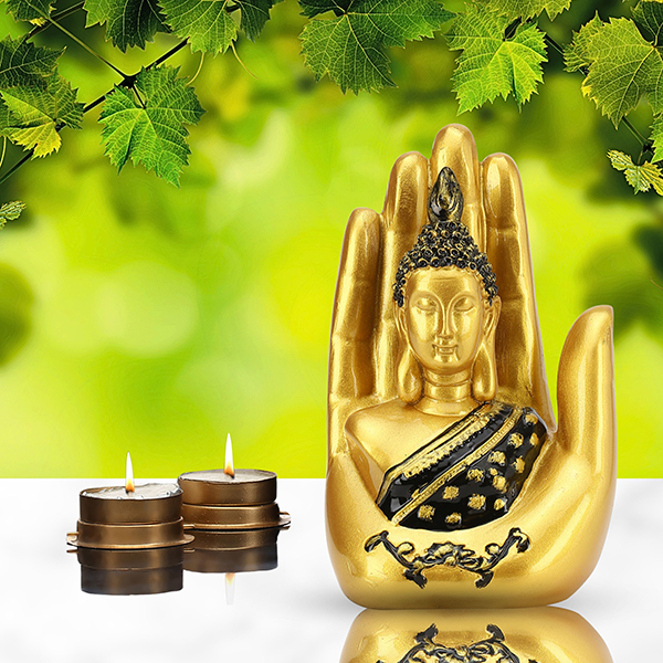 Palm Buddha Showpiece for Home Decor (Golden & Black) Polyresin – 7 Inch