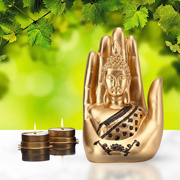 Palm Buddha Showpiece for Home Decor (Golden & Black) Polyresin – 7 Inch