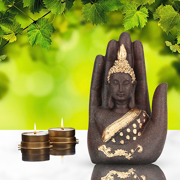 Palm Buddha Showpiece for Home Decor (Brown & Golden) Polyresin – 7 Inch