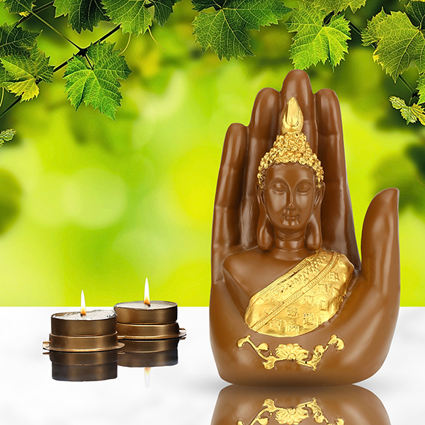 Palm Buddha Showpiece for Home Decor (Brown & Golden) Polyresin – 7 Inch