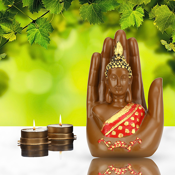 Palm Buddha Showpiece for Home Decor (Red & Brown) Polyresin – 7 Inch