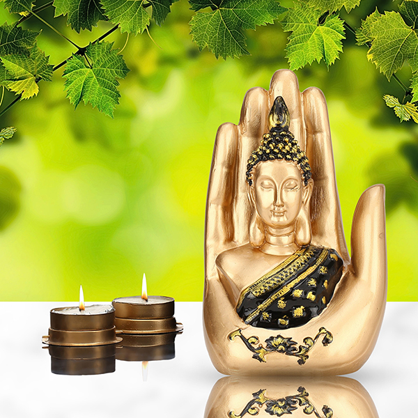 Palm Buddha Showpiece for Home Decor (Golden & Black) Polyresin – 7 Inch