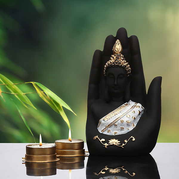 Palm Buddha Showpiece for Home Decor (White & Black) Polyresin – 7 Inch