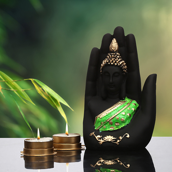 Palm Buddha Showpiece for Home Decor (Green & Black) Polyresin – 7 Inch