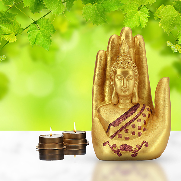 Palm Buddha Showpiece for Home Decor (Golden & Red) Polyresin – 7 Inch
