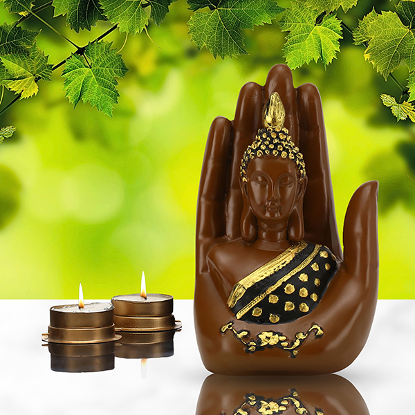 Palm Buddha Showpiece for Home Decor (Brown & Black) Polyresin – 7 Inch
