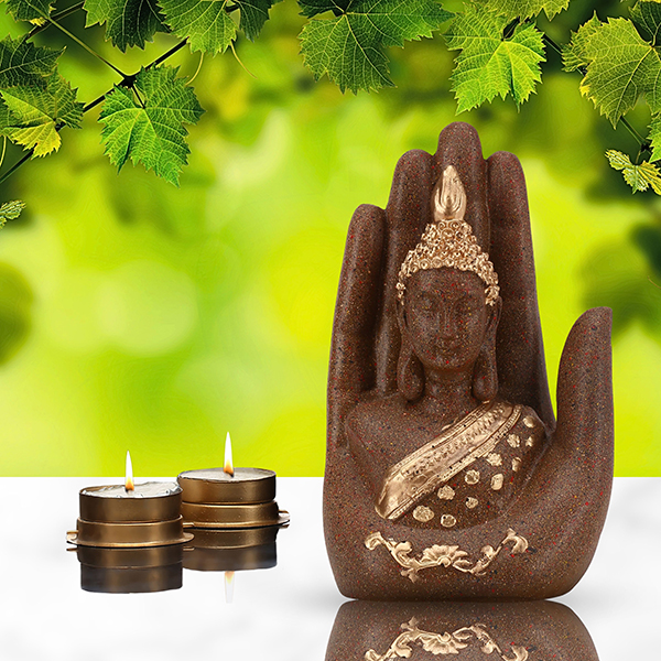 Palm Buddha Showpiece for Home Decor (Brown & Golden) Polyresin – 7 Inch