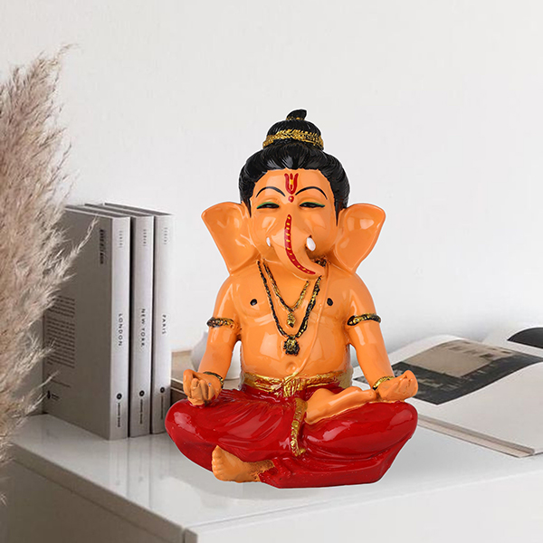 Meditating Ganesha Idol Showpiece for Home Decor (Cream & Red) Polyresin – 8 Inch
