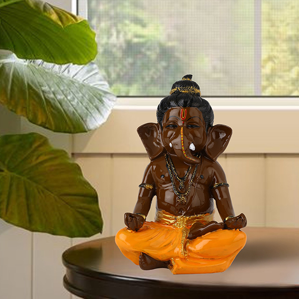 Meditating Ganesha Idol Showpiece for Home Decor (Brown & Orange) Polyresin – 8 Inch