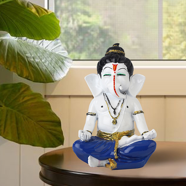Meditating Ganesha Idol Showpiece for Home Decor (Blue) Marble – 8 Inch